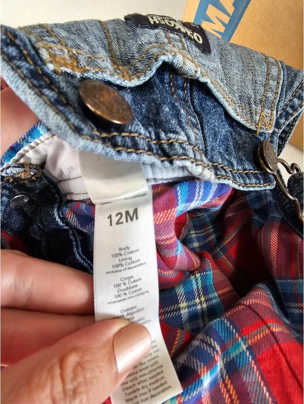OshKosh B'gosh | Medium Wash Flannel Lined Overalls Plaid Knee Patch 12 MOS